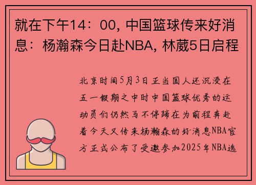 就在下午14：00, 中国篮球传来好消息：杨瀚森今日赴NBA, 林葳5日启程
